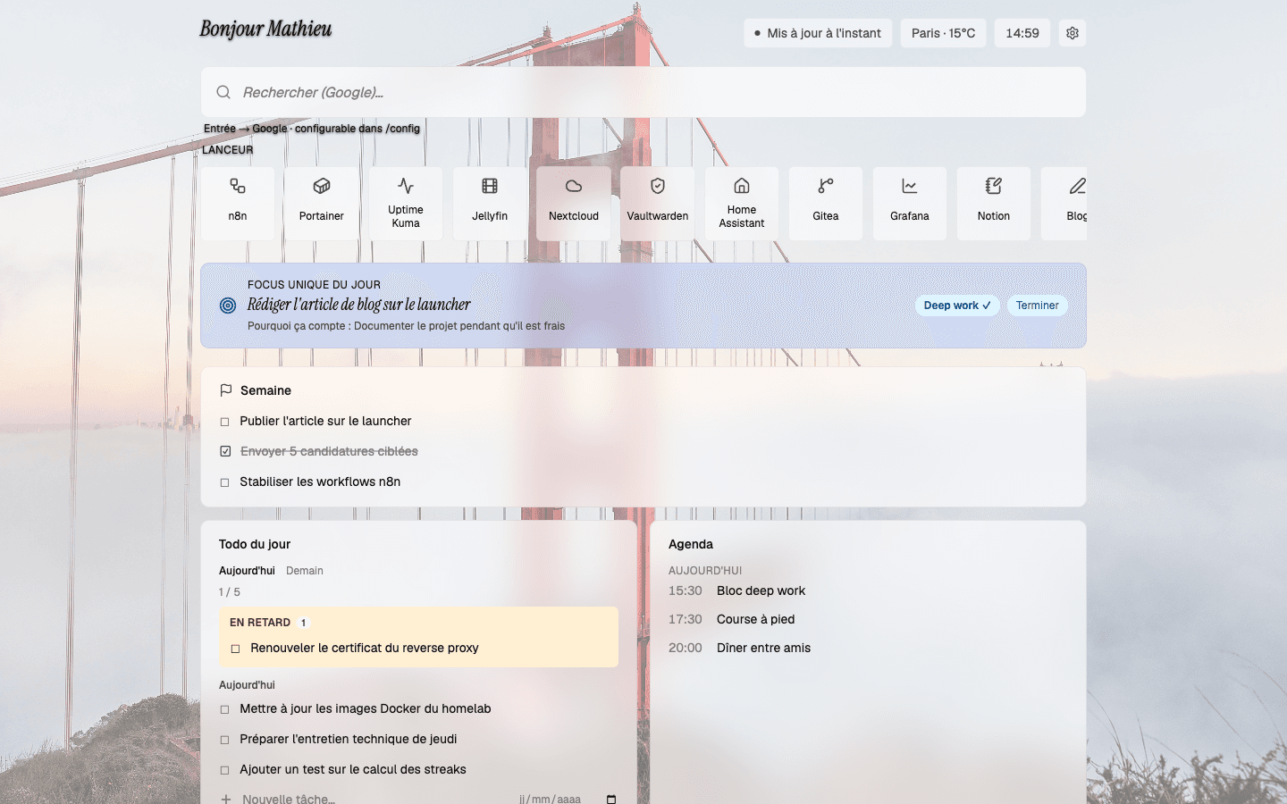 Le cockpit affiché à l'ouverture d'un nouvel onglet : lanceur de services, focus du jour, tâches et agenda